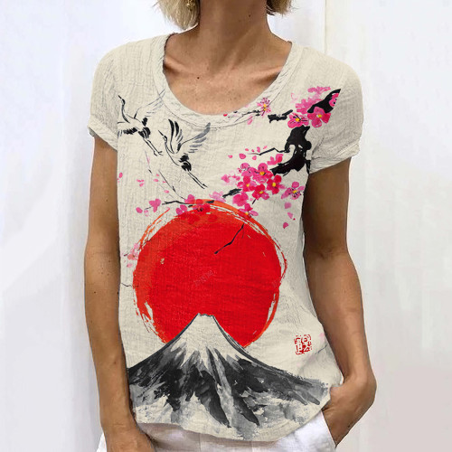 Retro Japanese Ink Painting Of Floral Sunrise Fuji Mountain Art Painting Linen Casual T-Shirt