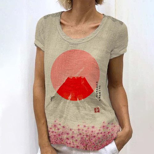 Retro Japanese Ink Painting Of Fuji Mountain Sunrise Art Painting Linen Casual T-Shirt