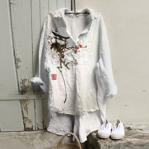 Retro Japanese Kyoto Blossom Art Woven Tunic