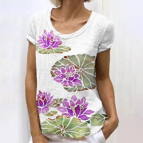 Retro Japanese Lotus Graphic Print Casual T-Shirt