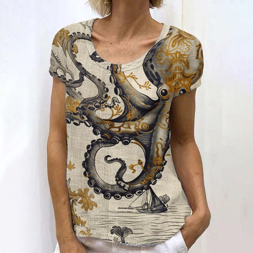 Retro Japanese Octopus Art Painting Linen Casual T-Shirt