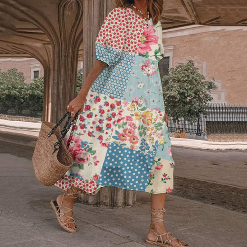 Retro Round Neck Puff Sleeve Bohemian Floral Spring Midi Dress