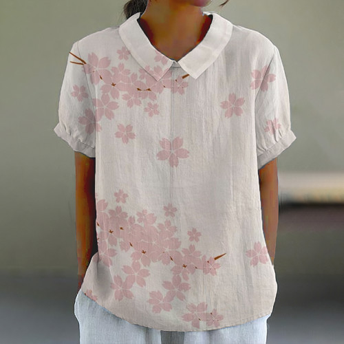 Retro Sakura Art Print Casual Cotton Linen Shirt