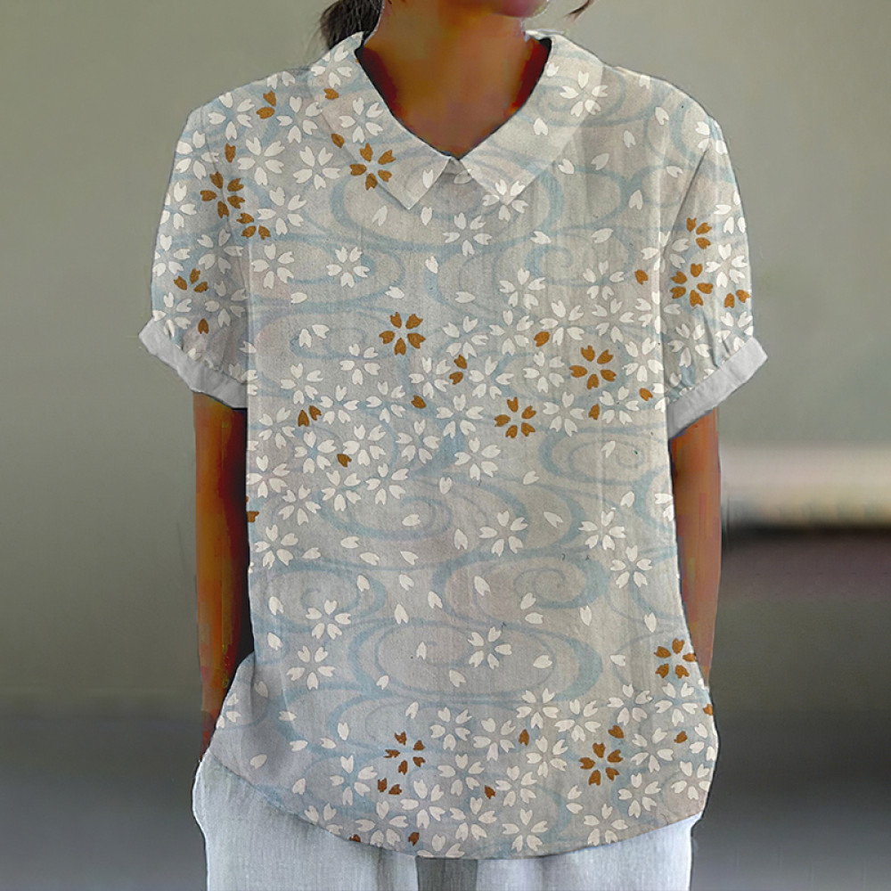 Retro Sakura On The Lake Art Print Casual Cotton Linen Shirt