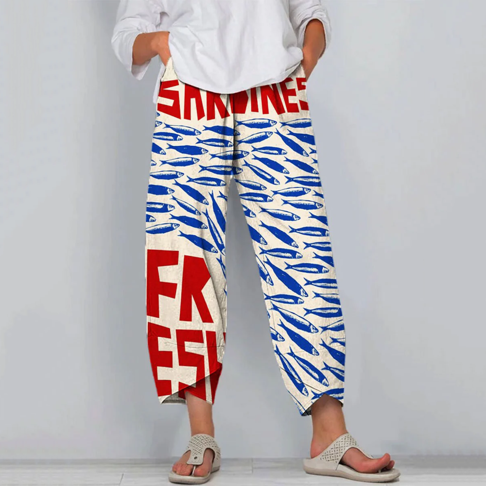 Retro Sardinas Fish Art Cropped Casual Pants