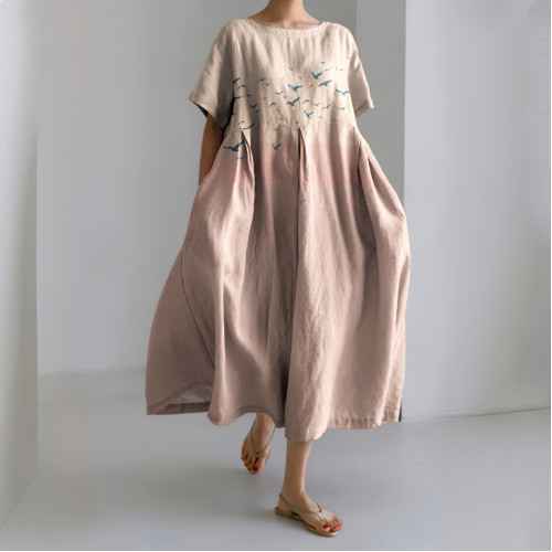 Retro Short Sleeve Japanese Art Flying Bird Print Linen Blend Dress