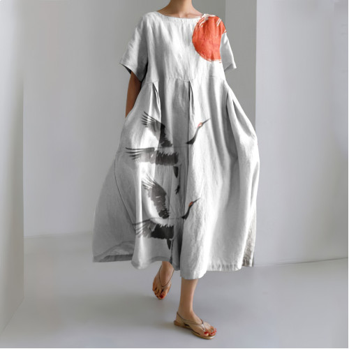 Retro Sunset Flying Crane Pattern Women'S Dress