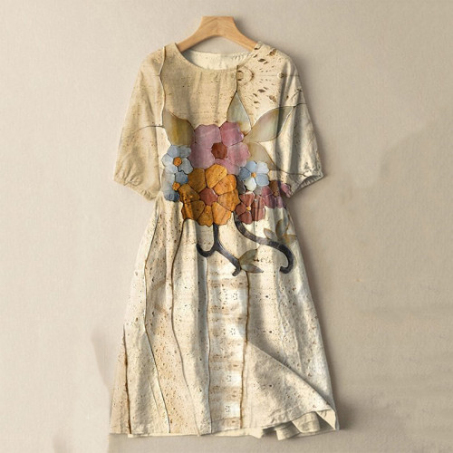 Retro Three-Dimensional Flower Woodcut Texture Japanese Art Cotton Linen Blend Midi Dress