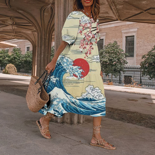 Retro Wave Sunrise Painting Japanese Art And Spring Midi Dress