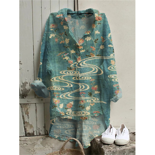 Riverside Flowers Japanese Art High Low Linen Blend Tunic