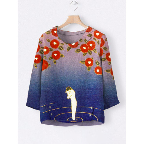 Sad Woman Japanese Gradient Print Linen Lapel Shirt