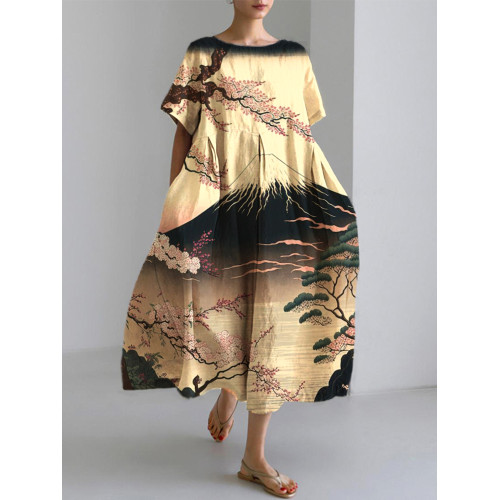 Sakura Japanese Art Linen Blend Casual Dress
