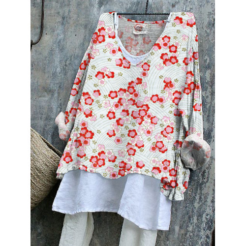 Sakura Japanese Pattern Linen V-Neck Loose Shirt