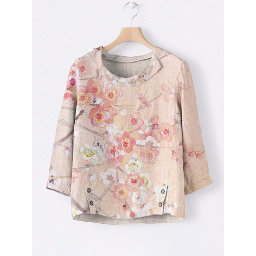 Sakura Japanese Print Linen Lapel Shirt