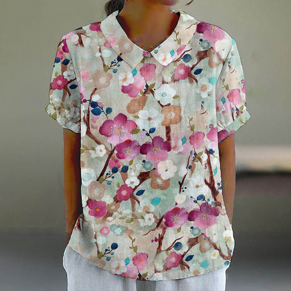 Sakura Print Lapel Casual Blouse