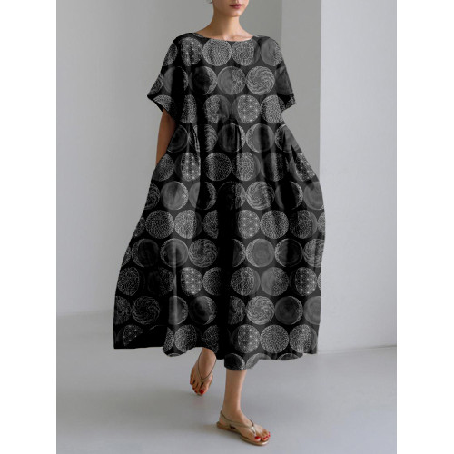 Sashiko Moon Phases Japanese Art Linen Blend Maxi Dress