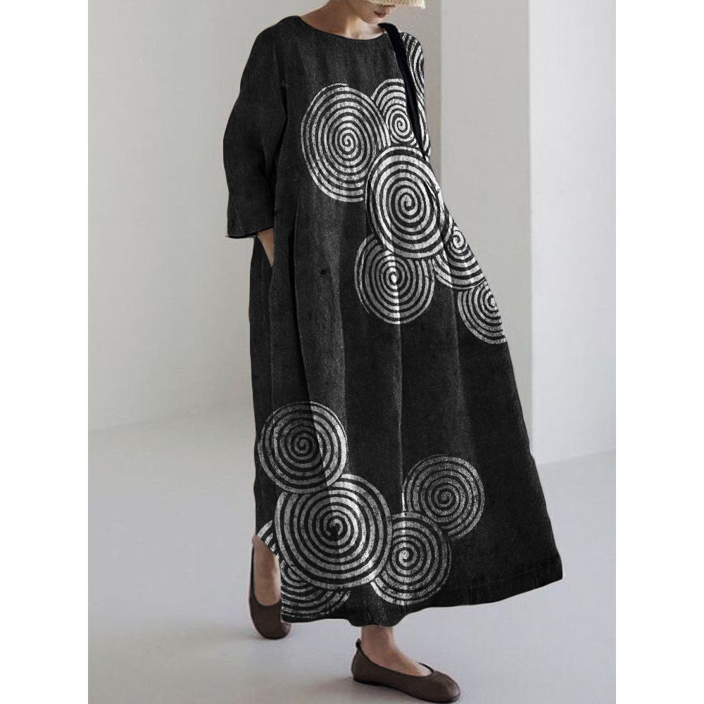 Sea Waves Ripples Japanese Lino Art Linen Blend Maxi Dress