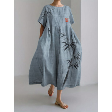 Simple Bamboo Japanese Art Linen Blend Maxi Dress