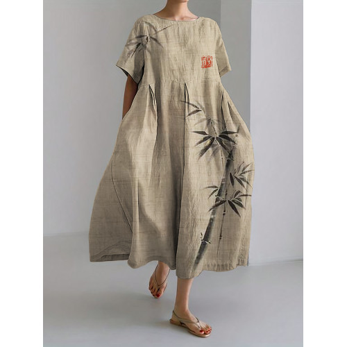 Simple Bamboo Japanese Art Linen Blend Maxi Dress