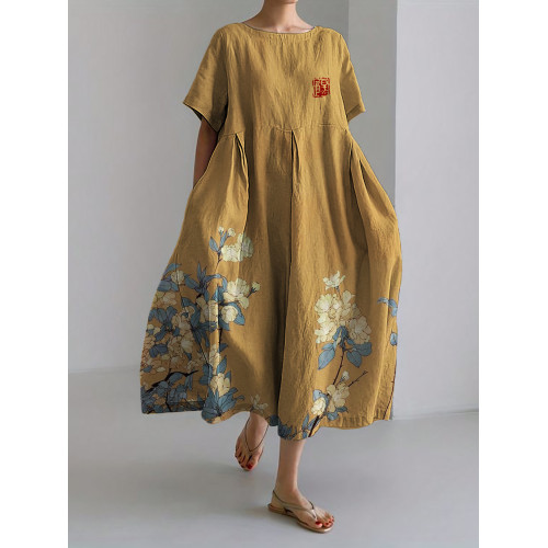 Simple Floral Japanese Art Linen Blend Maxi Dress