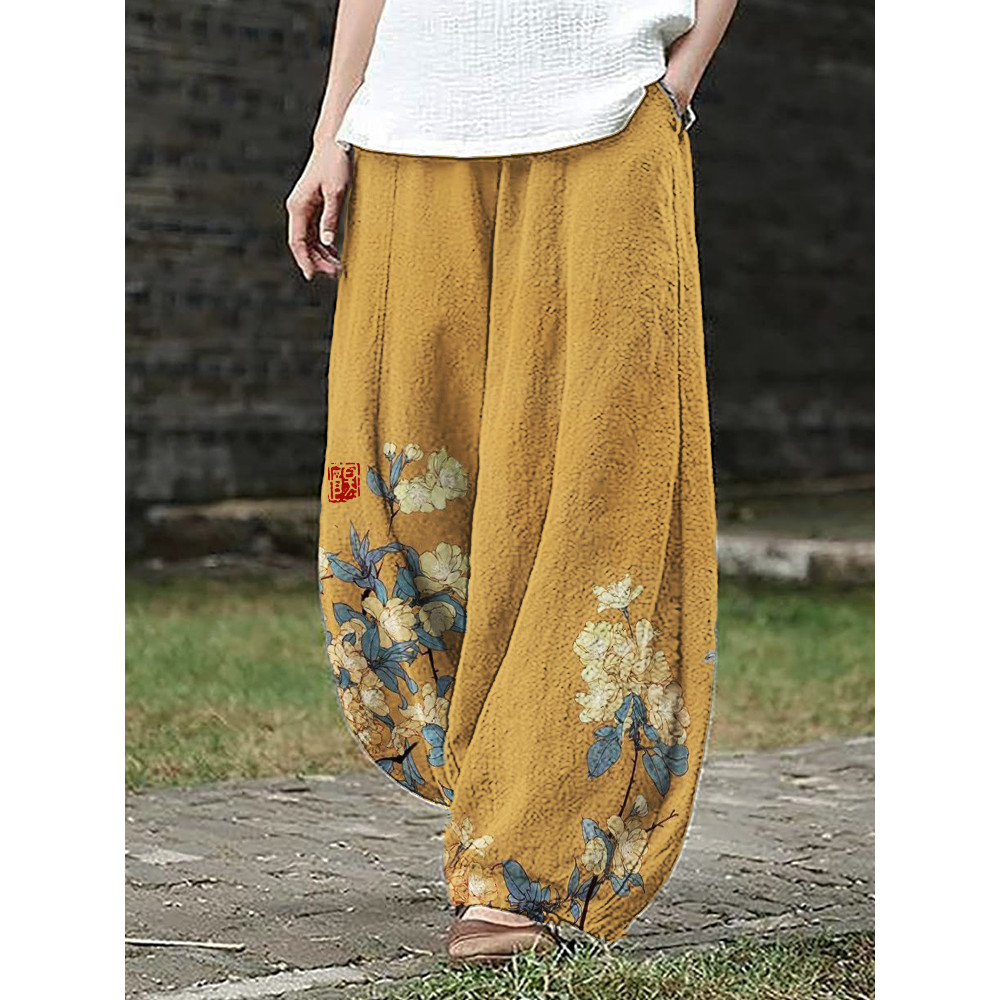 Simple Floral Japanese Art Linen Blend Wide Leg Pants