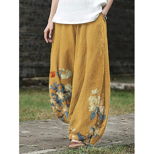 Simple Floral Japanese Art Linen Blend Wide Leg Pants