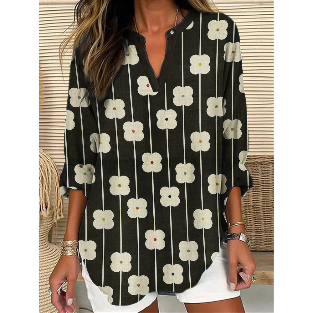 Simple Flowers Japanese Pattern Linen Blend Tunic