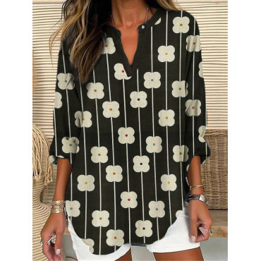 Simple Flowers Japanese Pattern Linen Blend Tunic