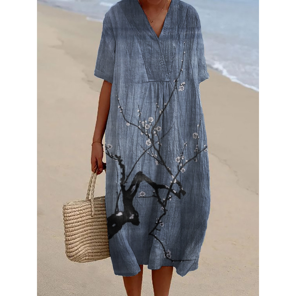 Simple Plum Blossom Japanese Art Linen Blend Dress