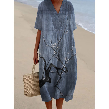 Simple Plum Blossom Japanese Art Linen Blend Dress