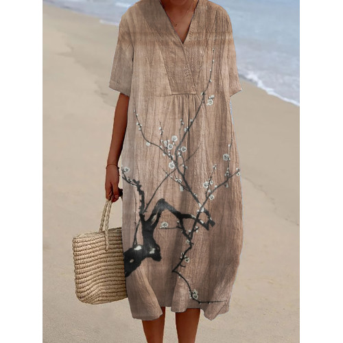 Simple Plum Blossom Japanese Art Linen Blend Dress