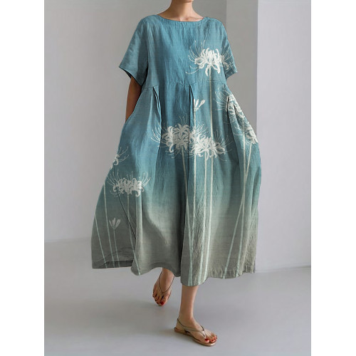 Spider Lilies Gradient Japanese Art Linen Blend Maxi Dress