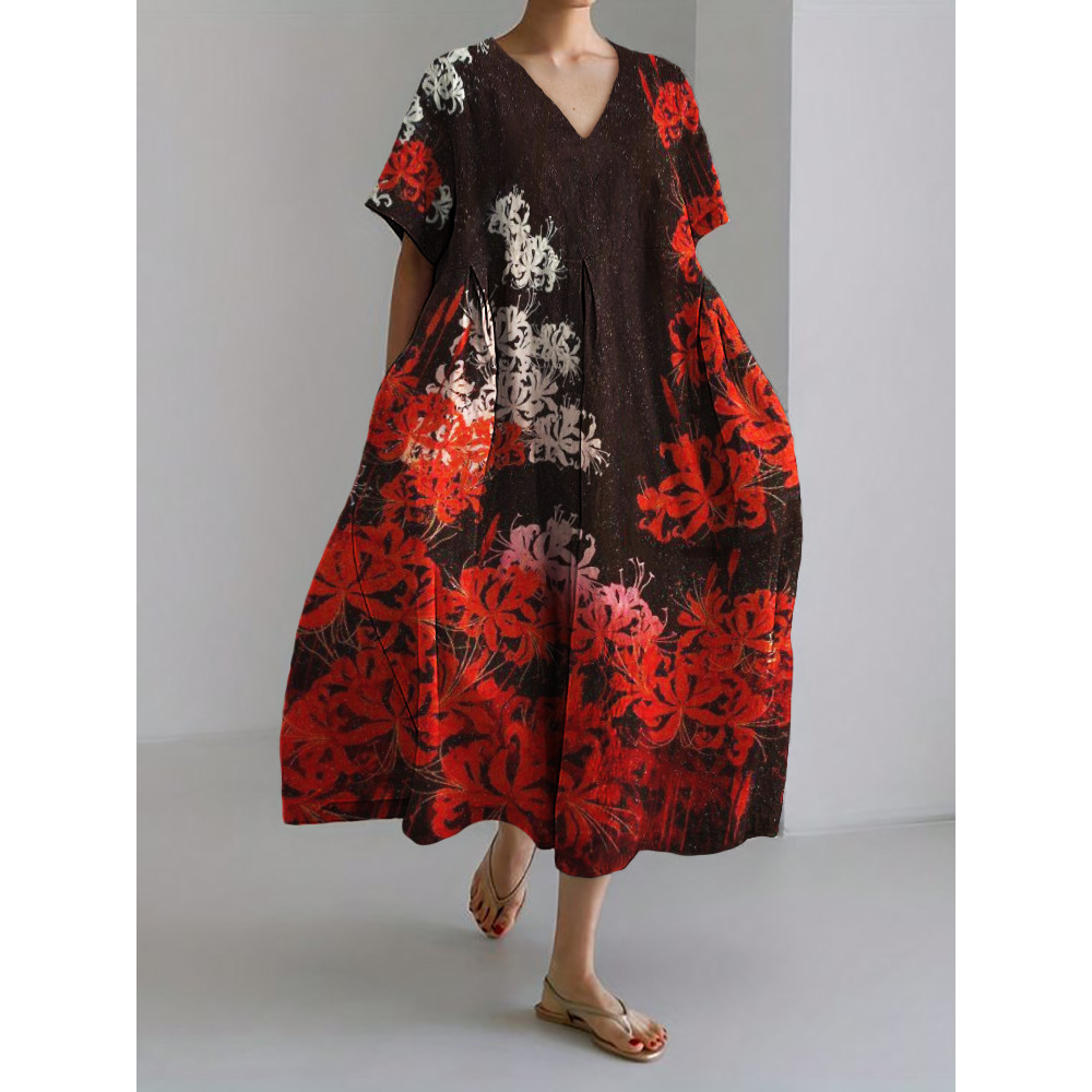 Spider Lily Japanese Art Linen Blend Maxi Dress