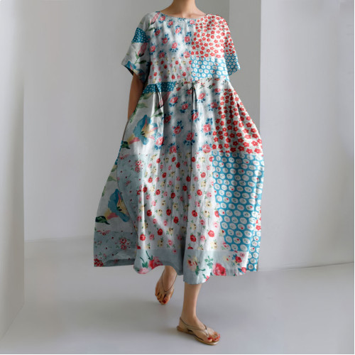 Squares Patchwork And Ditsy Floral Art Linen Blend Comfy Maxi Dress