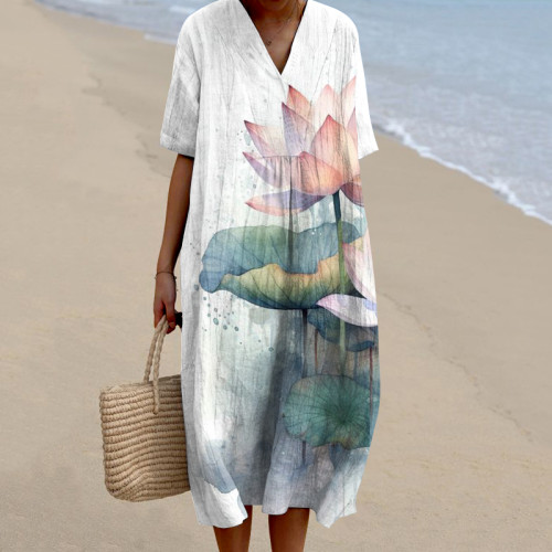 Stylish Water Lily Art Pattern V-Neck Dress