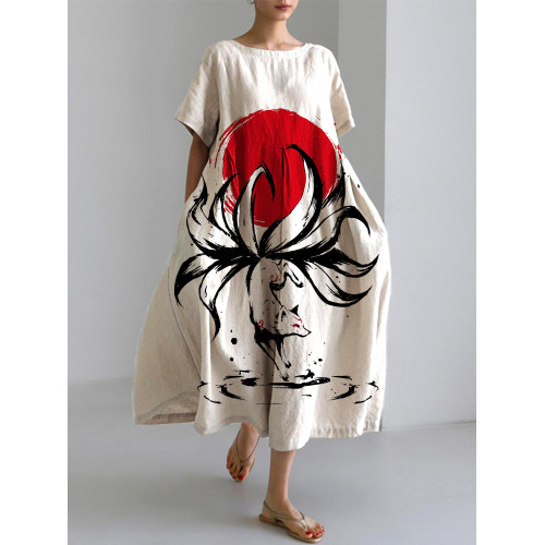 Sunrise Nine Tailed Fox Japanese Art Linen Blend Casual Dress