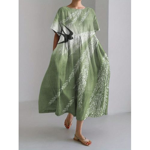 Swallow & Willows Japanese Art Linen Blend Maxi Dress