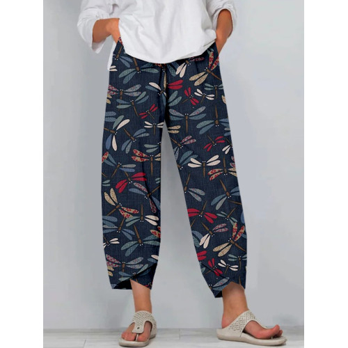 Traditional Colorful Dragonfly Japanese Art Cropped Casual Pants