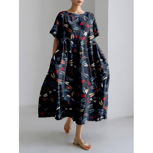 Traditional Colorful Dragonfly Japanese Art Linen Blend Maxi Dress