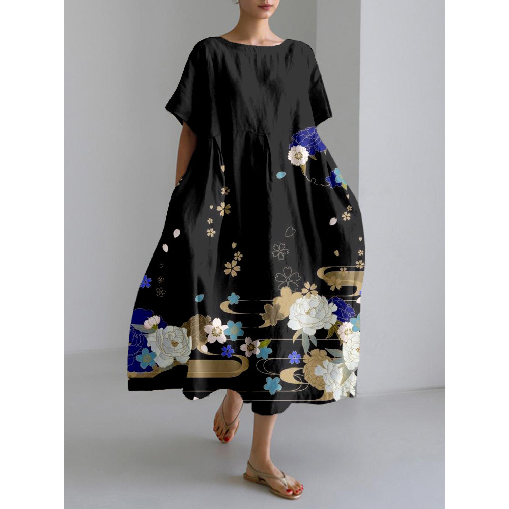 Traditional Floral Art Linen Blend Maxi Dress