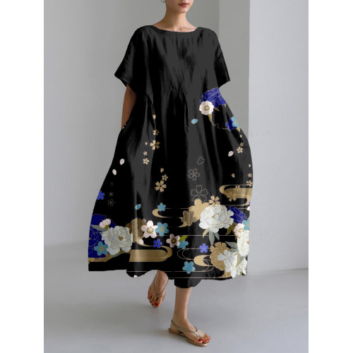 Traditional Floral Art Linen Blend Maxi Dress