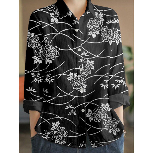 Traditional Floral Pattern Linen Blend Cozy Blouse