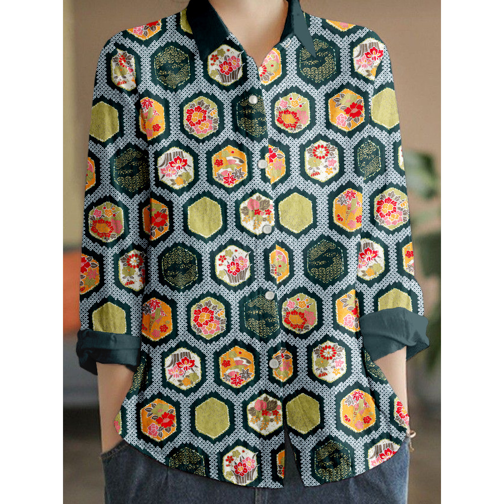 Traditional Japanese Art Linen Blend Cozy Blouse