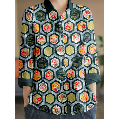 Traditional Japanese Art Linen Blend Cozy Blouse