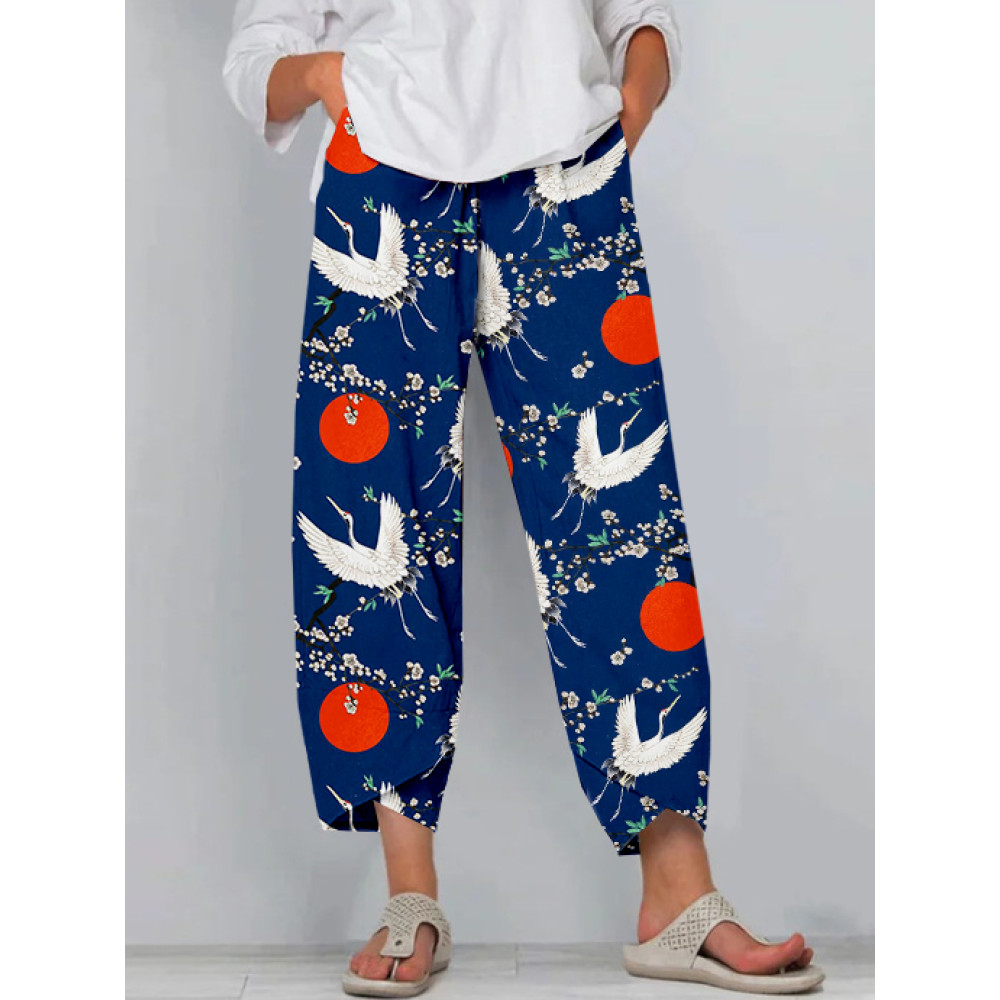 Traditional Japanese Crane with Plum Blossom Cropped Casual Pants