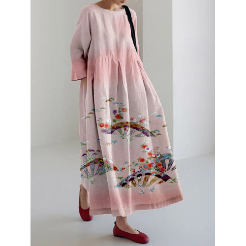 Traditional Japanese Floral Pattern Linen Blend Maxi Dress