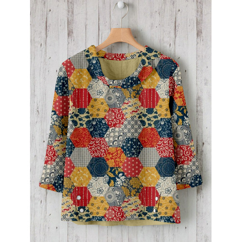 Traditional Japanese Patchwork Pattern Linen Blend Shirt