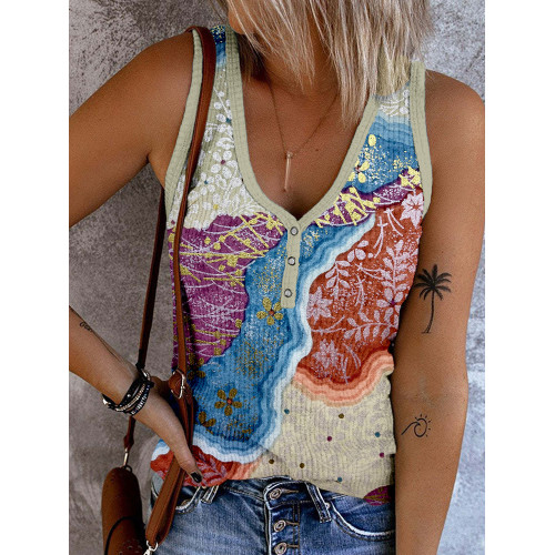 Traditional Japanese Pattern Button Up Casual Tank Top