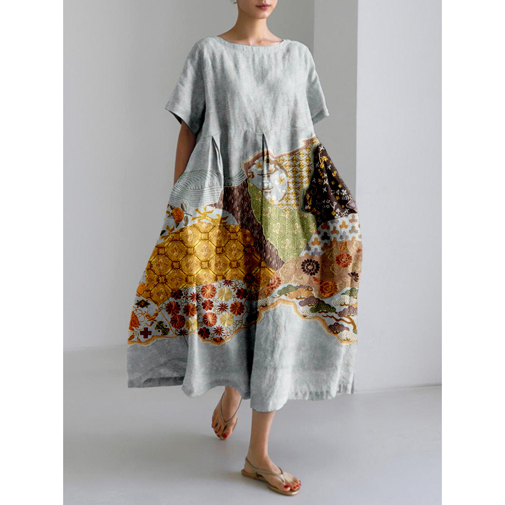 Traditional Japanese Pattern Linen Blend Maxi Dress