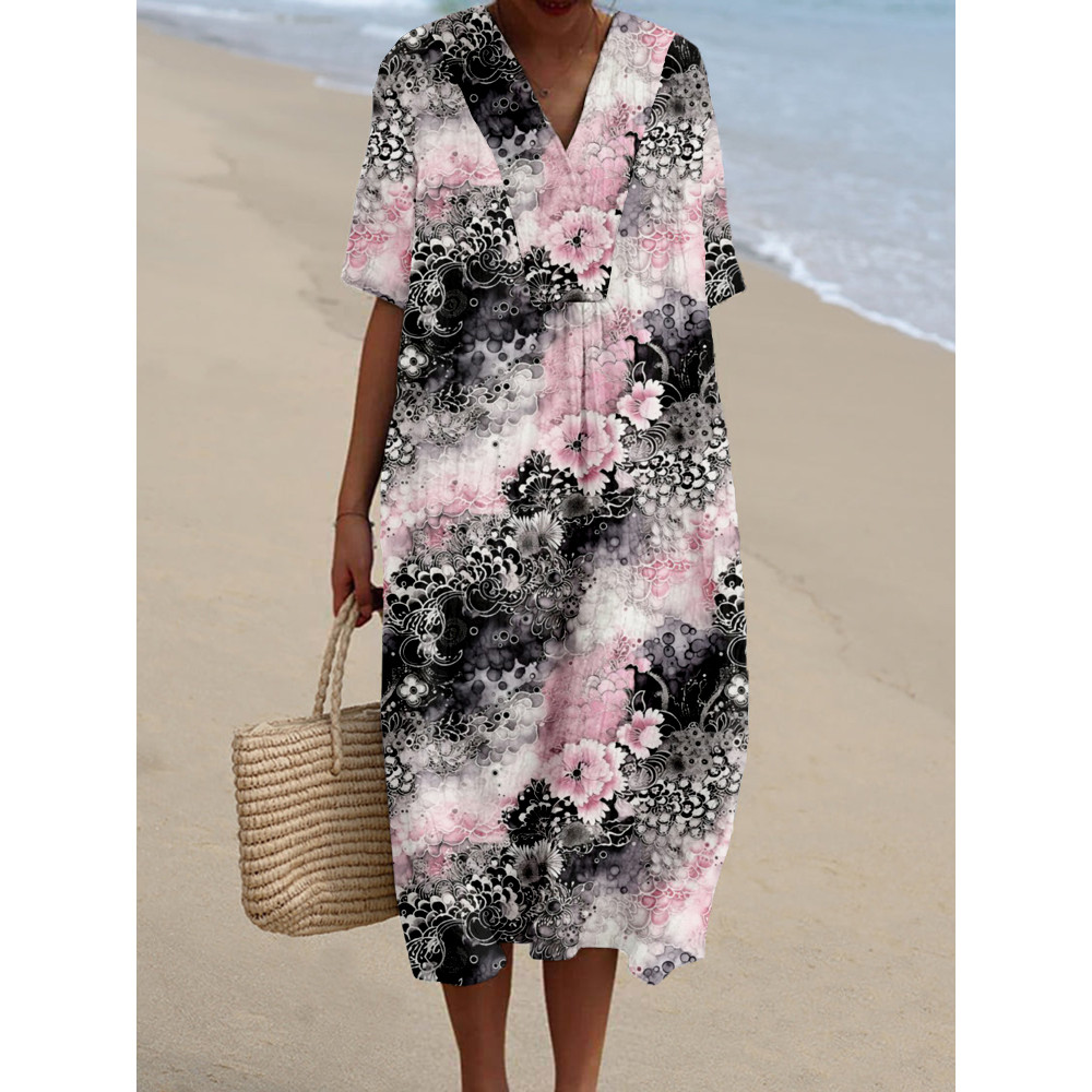 Traditional Japanese Silk Floral Linen Blend Midi Dress